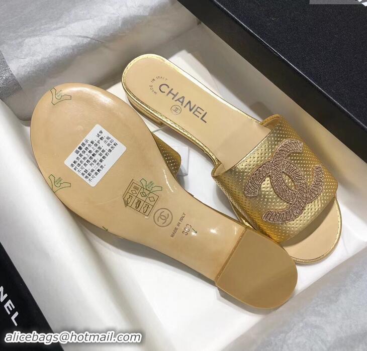 New Fashion Chanel Stitching CC Logo Mules Perforated G41806 Gold 2019