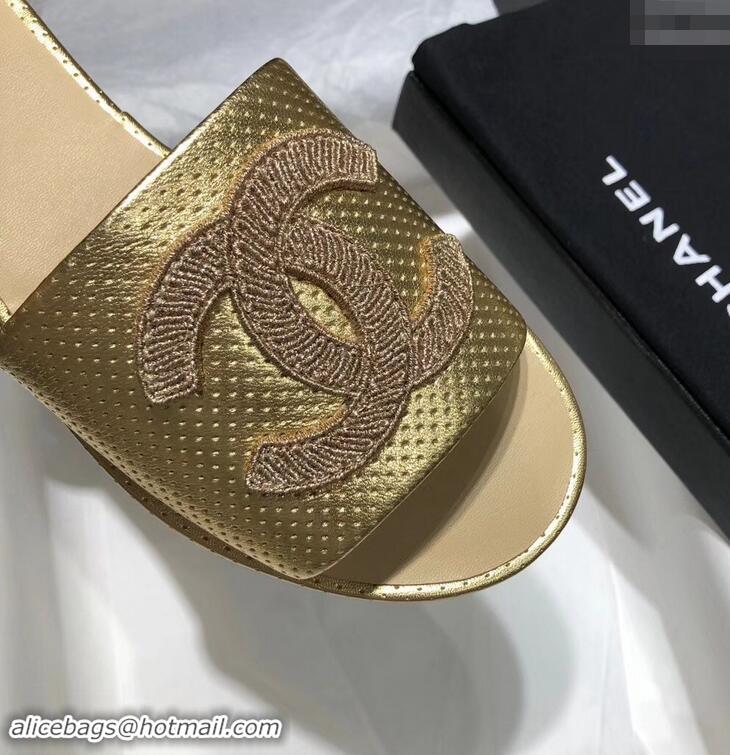 New Fashion Chanel Stitching CC Logo Mules Perforated G41806 Gold 2019