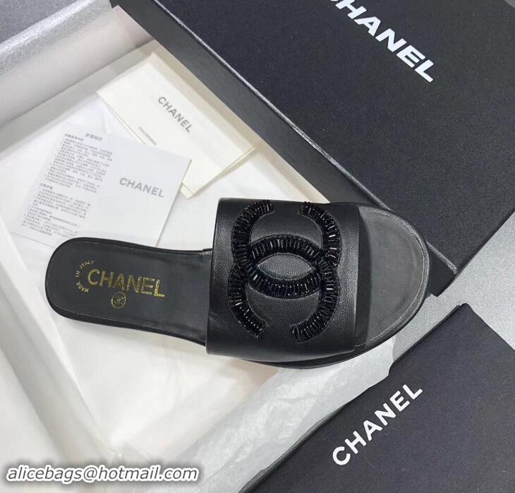 Hot Sell Chanel Sequins CC Logo Mules G34682 Black 2019