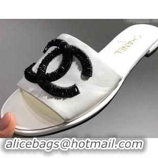 Top Quality Chanel Sequins CC Logo Mules G34682 White 2019