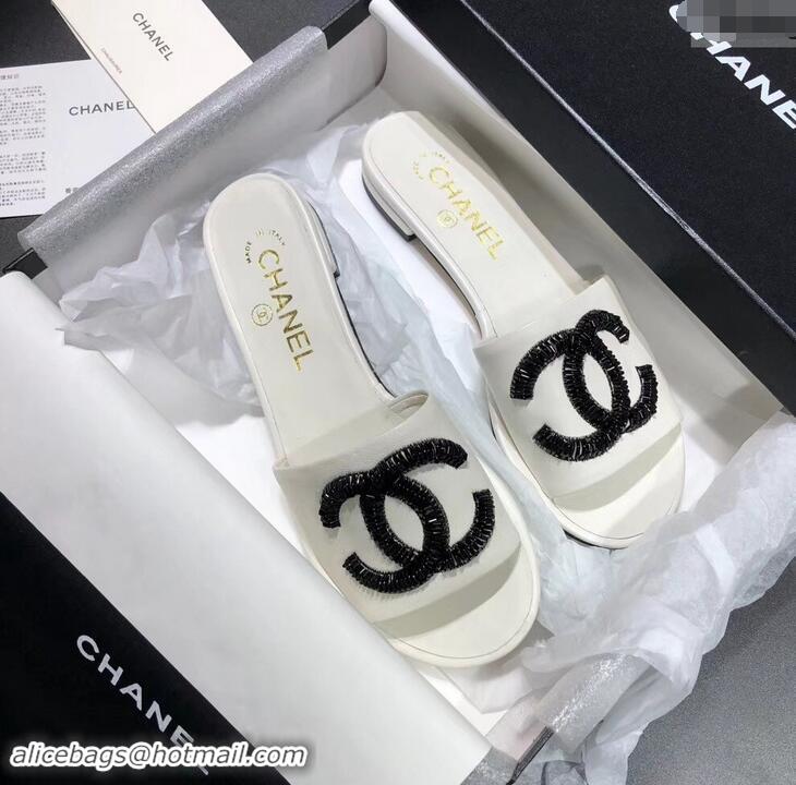 Top Quality Chanel Sequins CC Logo Mules G34682 White 2019