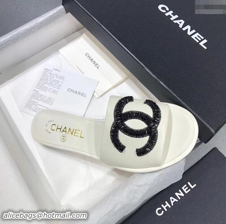 Top Quality Chanel Sequins CC Logo Mules G34682 White 2019