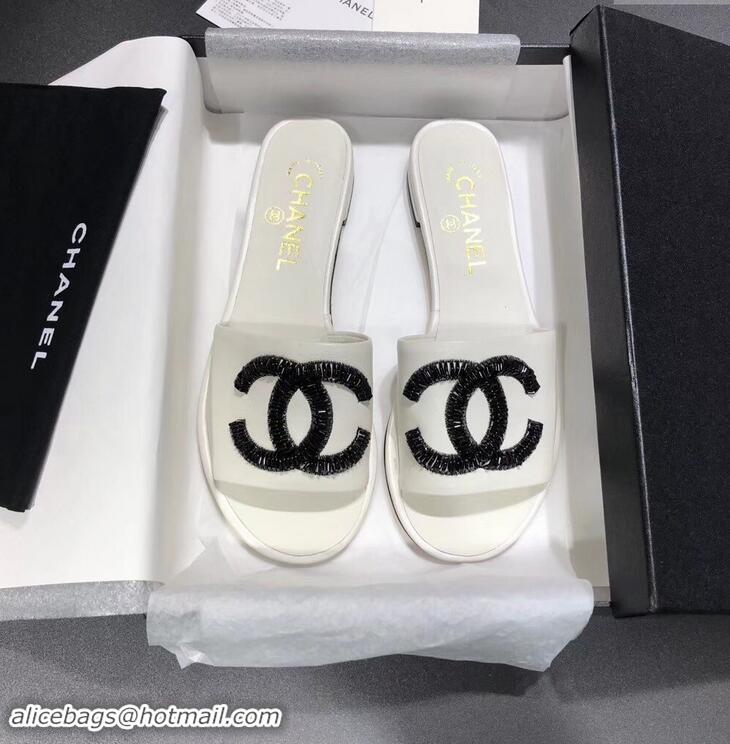 Top Quality Chanel Sequins CC Logo Mules G34682 White 2019