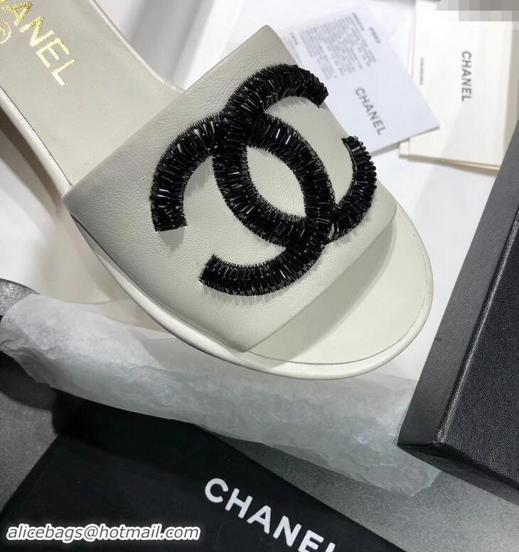 Top Quality Chanel Sequins CC Logo Mules G34682 White 2019