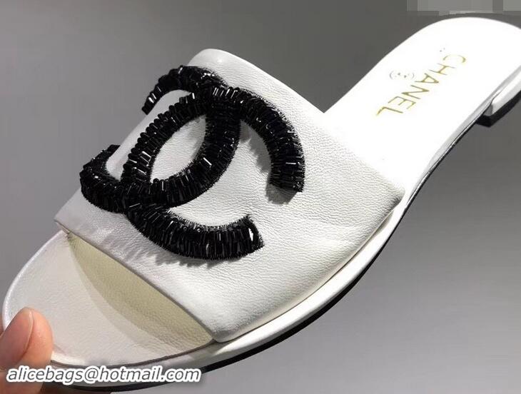 Top Quality Chanel Sequins CC Logo Mules G34682 White 2019