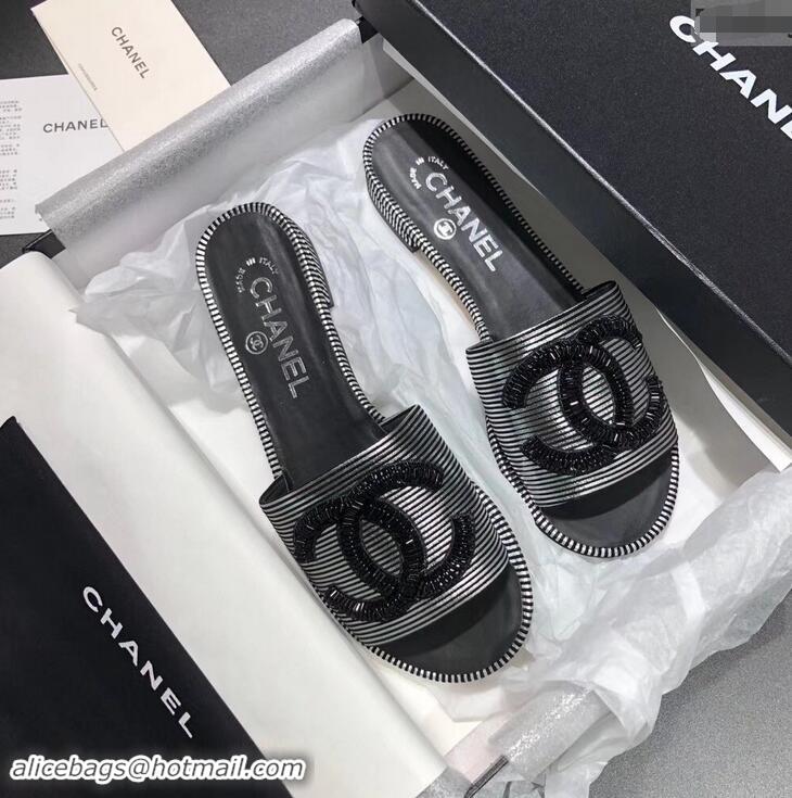 Fashion Show Collection Chanel Sequins CC Logo Mules G34682 Striped Silver 2019