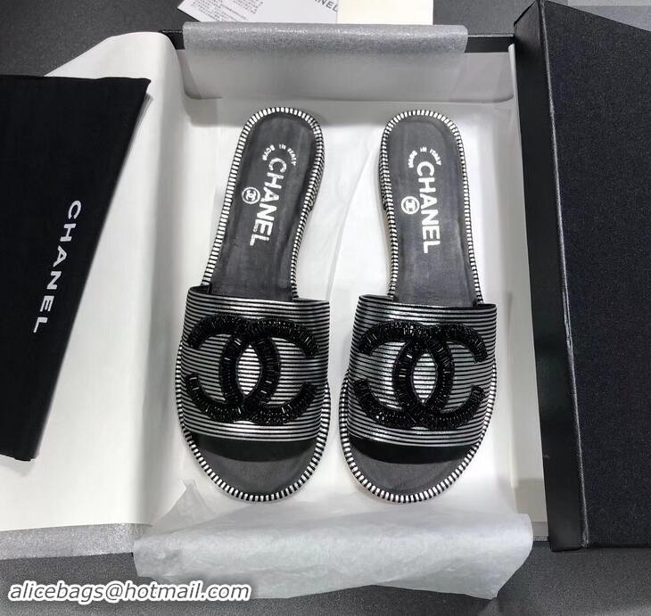 Fashion Show Collection Chanel Sequins CC Logo Mules G34682 Striped Silver 2019