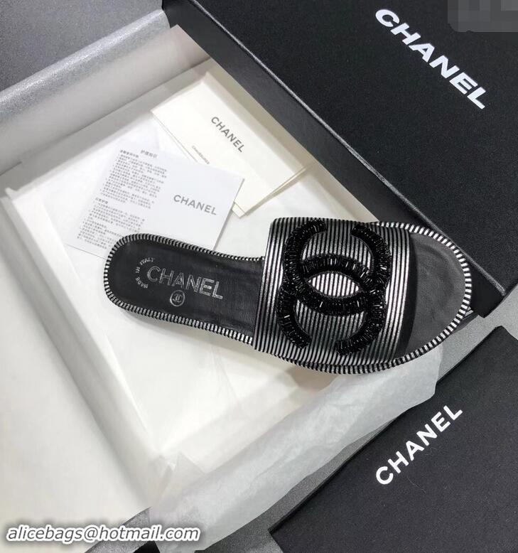 Fashion Show Collection Chanel Sequins CC Logo Mules G34682 Striped Silver 2019