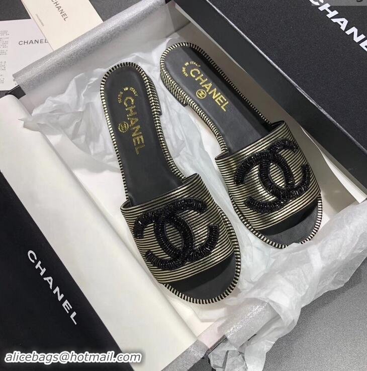 Hot Sell Chanel Sequins CC Logo Mules G34682 Striped Gold 2019