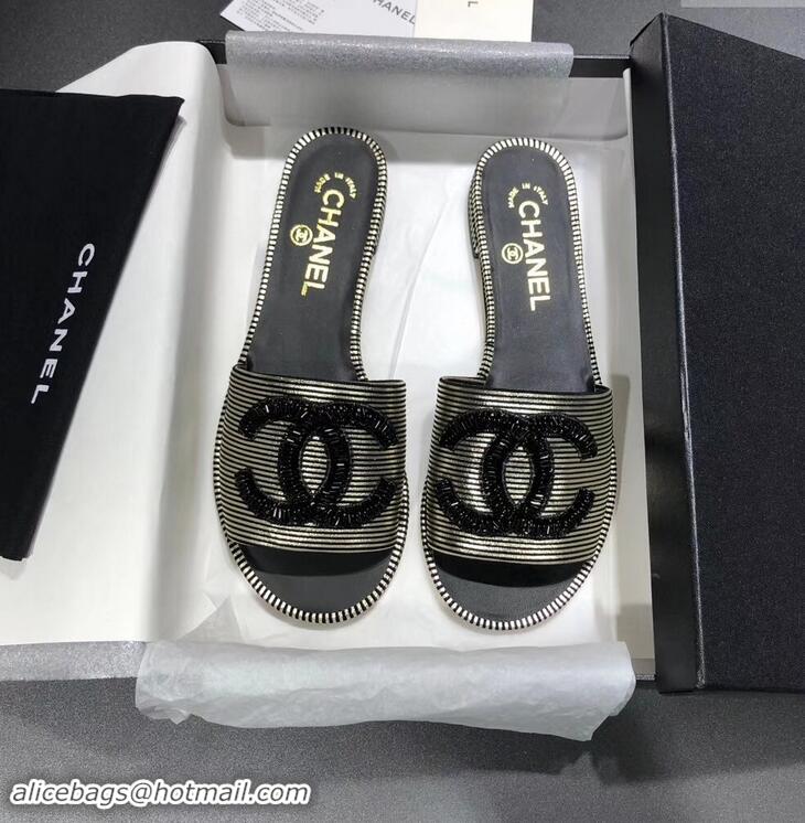 Hot Sell Chanel Sequins CC Logo Mules G34682 Striped Gold 2019