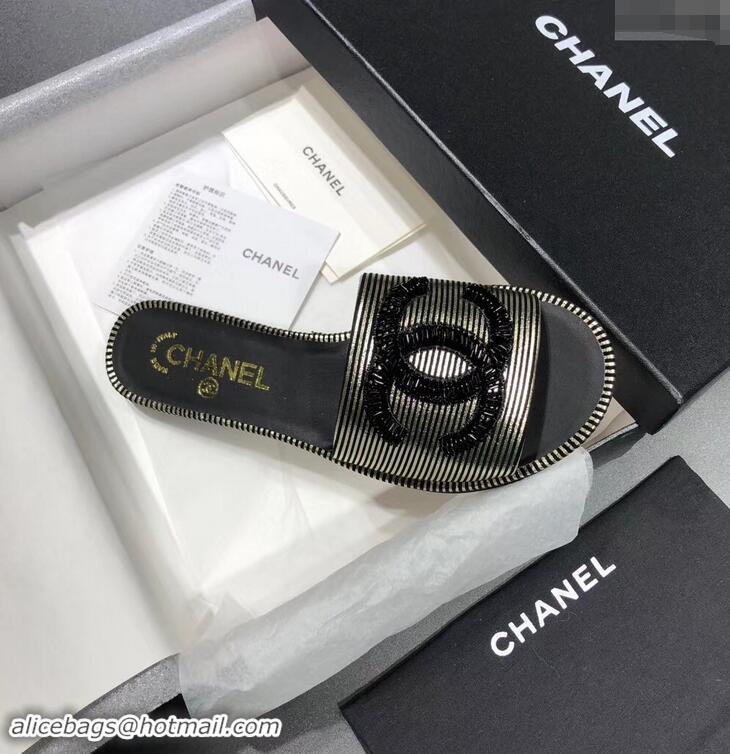 Hot Sell Chanel Sequins CC Logo Mules G34682 Striped Gold 2019