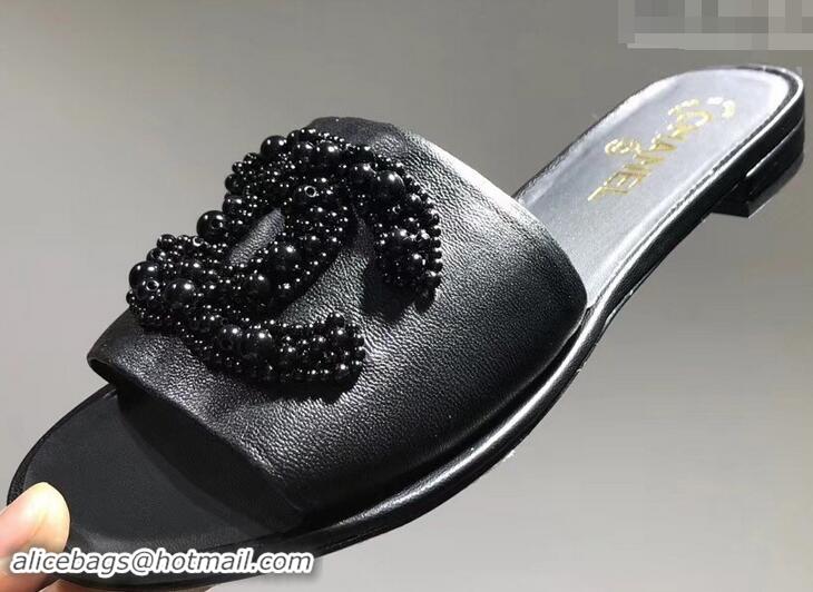 Buy Classic Chanel Pearls CC Logo Mules G34678 Black 2019