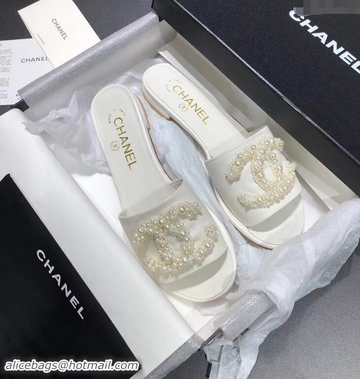 Women Chanel Pearls CC Logo Mules G34678 White 2019