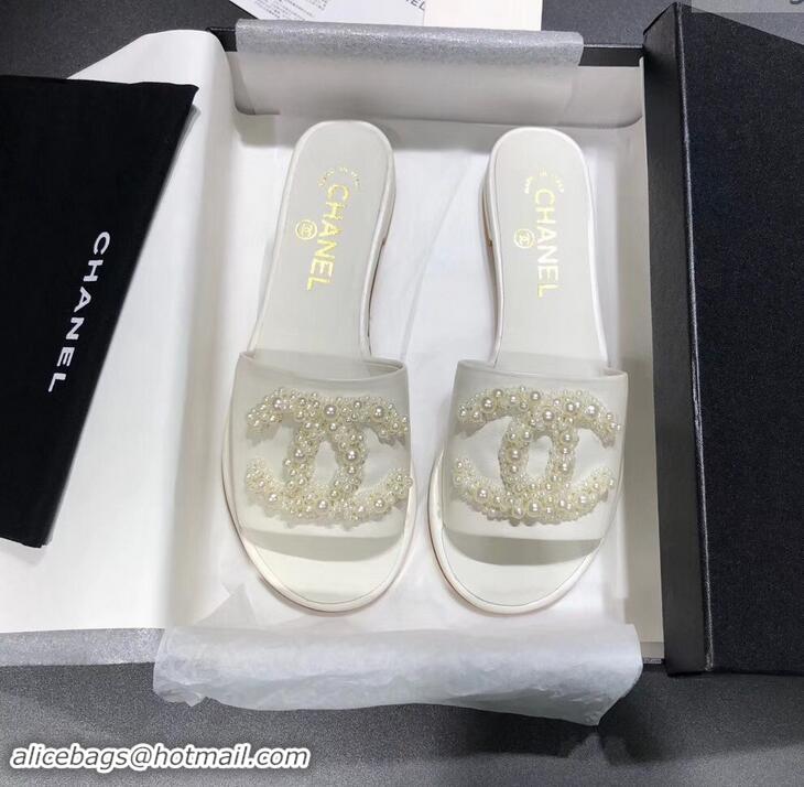 Women Chanel Pearls CC Logo Mules G34678 White 2019