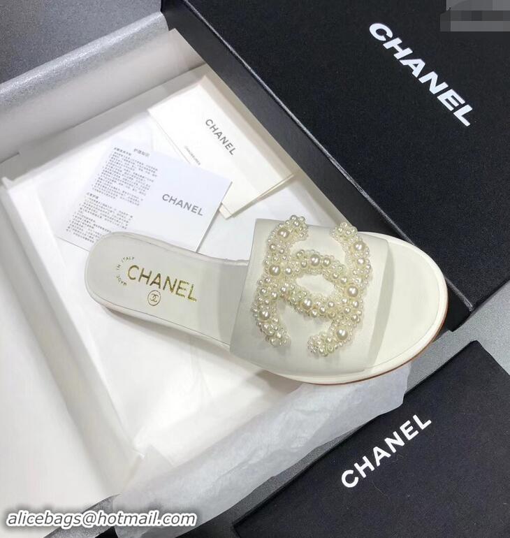 Women Chanel Pearls CC Logo Mules G34678 White 2019