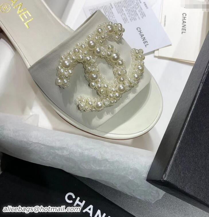 Women Chanel Pearls CC Logo Mules G34678 White 2019