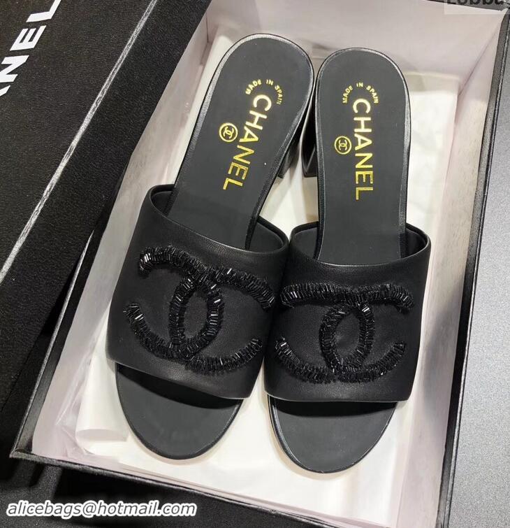 Crafted Chanel Heel 5.5cm Sequins CC Logo Mules G34681 Black 2019