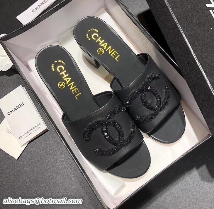 Crafted Chanel Heel 5.5cm Sequins CC Logo Mules G34681 Black 2019