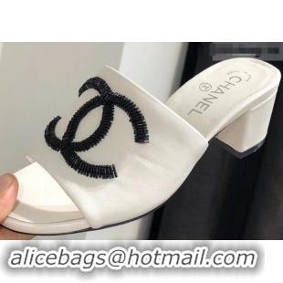 Refined Chanel Heel 5.5cm Sequins CC Logo Mules G34681 White 2019