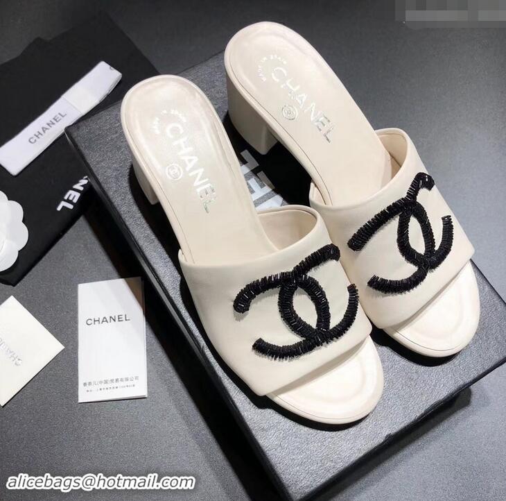 Refined Chanel Heel 5.5cm Sequins CC Logo Mules G34681 White 2019