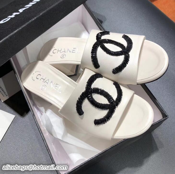 Refined Chanel Heel 5.5cm Sequins CC Logo Mules G34681 White 2019