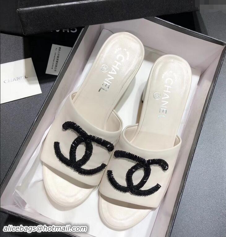 Refined Chanel Heel 5.5cm Sequins CC Logo Mules G34681 White 2019