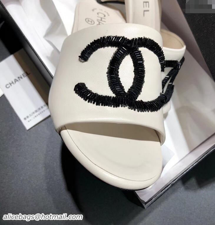 Refined Chanel Heel 5.5cm Sequins CC Logo Mules G34681 White 2019