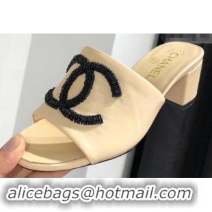 ​Comfortable Chanel Heel 5.5cm Sequins CC Logo Mules G34681 Apricot 2019