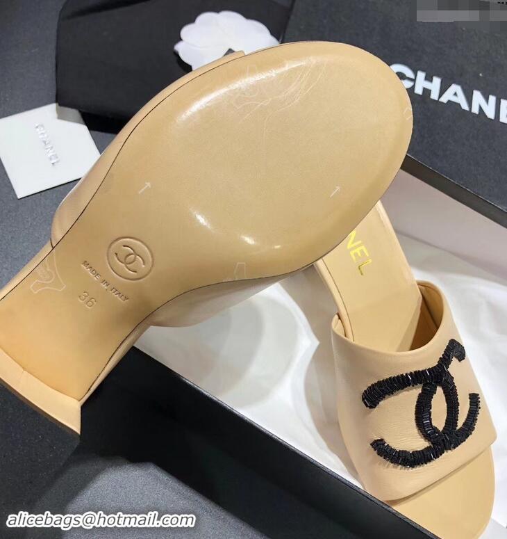 ​Comfortable Chanel Heel 5.5cm Sequins CC Logo Mules G34681 Apricot 2019