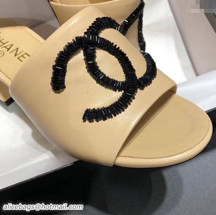 ​Comfortable Chanel Heel 5.5cm Sequins CC Logo Mules G34681 Apricot 2019