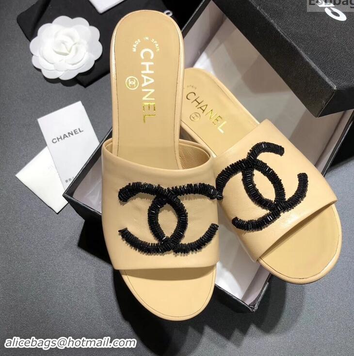 ​Comfortable Chanel Heel 5.5cm Sequins CC Logo Mules G34681 Apricot 2019