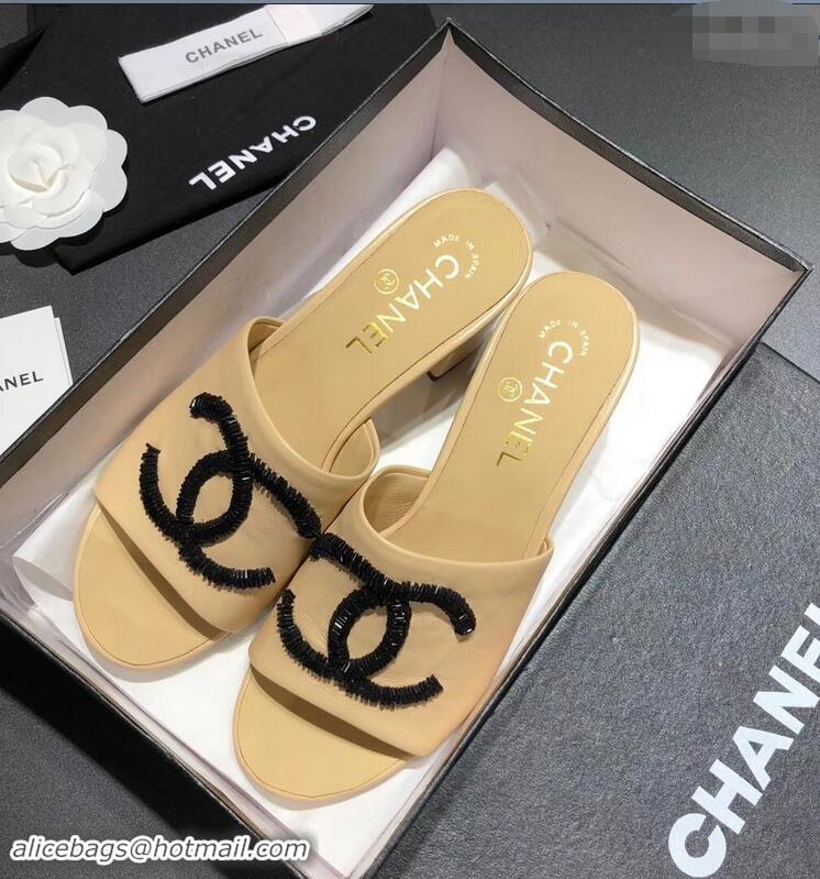 ​Comfortable Chanel Heel 5.5cm Sequins CC Logo Mules G34681 Apricot 2019