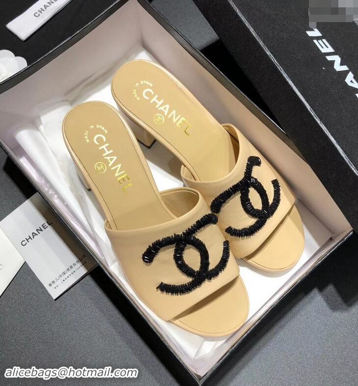 ​Comfortable Chanel Heel 5.5cm Sequins CC Logo Mules G34681 Apricot 2019