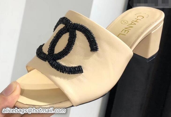 ​Comfortable Chanel Heel 5.5cm Sequins CC Logo Mules G34681 Apricot 2019