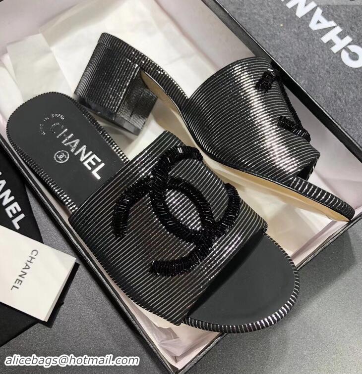 Best Chanel Heel 5.5cm Sequins CC Logo Mules G34681 Striped Silver 2019