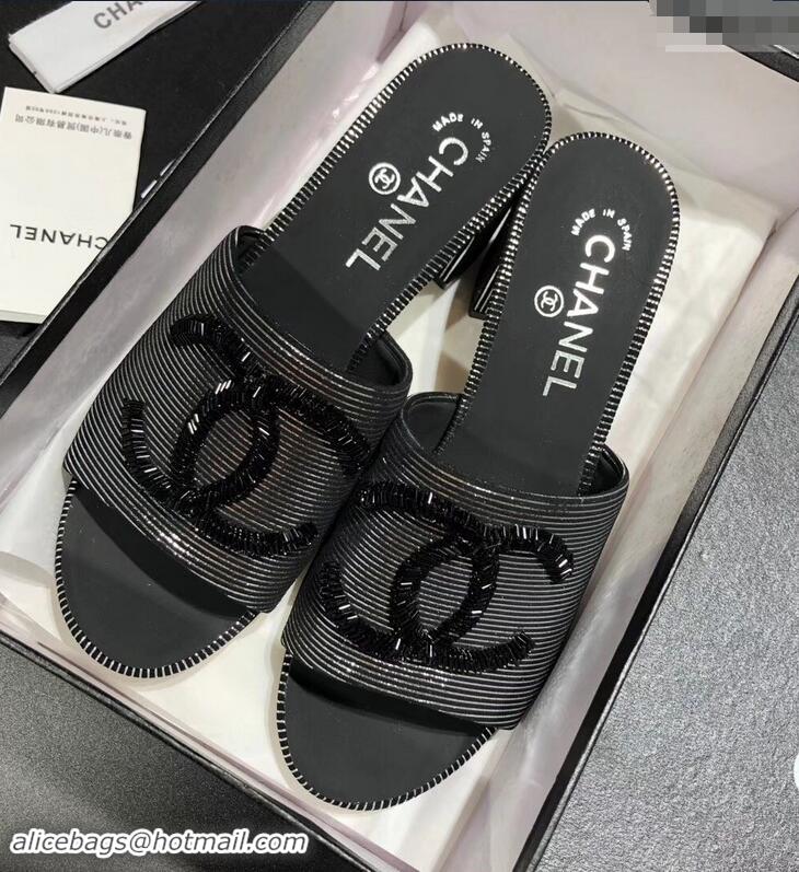 Best Chanel Heel 5.5cm Sequins CC Logo Mules G34681 Striped Silver 2019