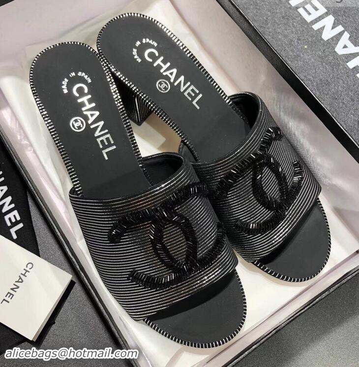 Best Chanel Heel 5.5cm Sequins CC Logo Mules G34681 Striped Silver 2019