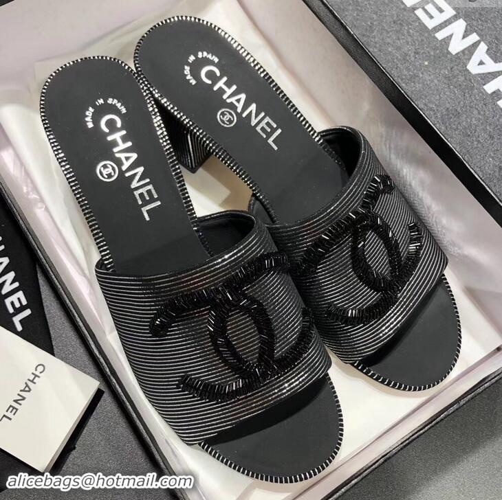 Best Chanel Heel 5.5cm Sequins CC Logo Mules G34681 Striped Silver 2019