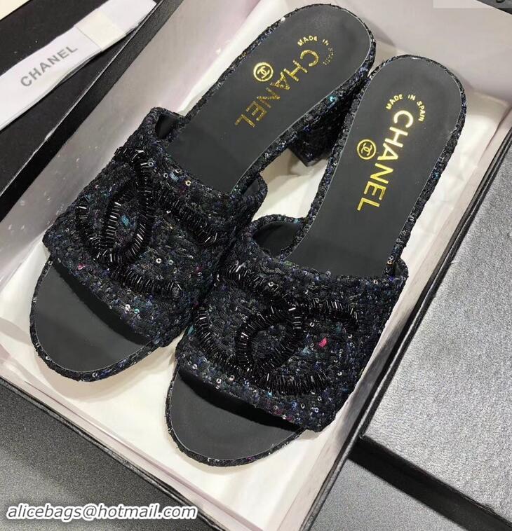 Low Cost Chanel Heel 5.5cm Sequins CC Logo Mules G34681 Tweed 2019