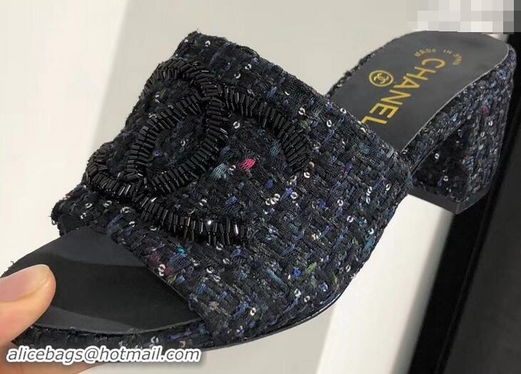 Low Cost Chanel Heel 5.5cm Sequins CC Logo Mules G34681 Tweed 2019