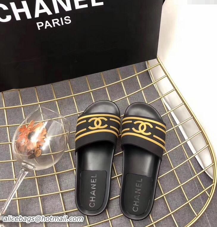 Wholesale Chanel Striped and CC Logo Mules Slides Slipper Sandals G41818 Black 2019