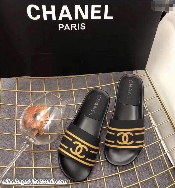 Wholesale Chanel Striped and CC Logo Mules Slides Slipper Sandals G41818 Black 2019