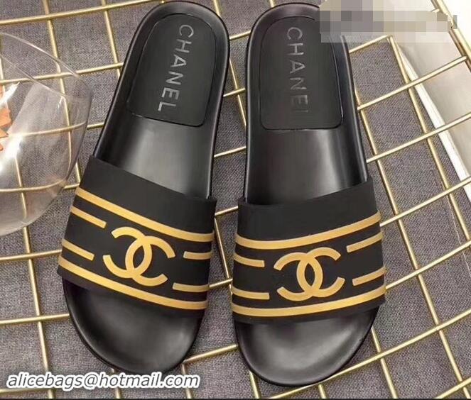 Wholesale Chanel Striped and CC Logo Mules Slides Slipper Sandals G41818 Black 2019