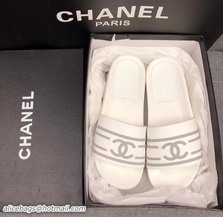 Classic Chanel Striped and CC Logo Mules Slides Slipper Sandals G41818 White 2019