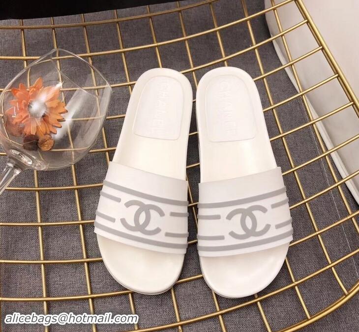 Classic Chanel Striped and CC Logo Mules Slides Slipper Sandals G41818 White 2019