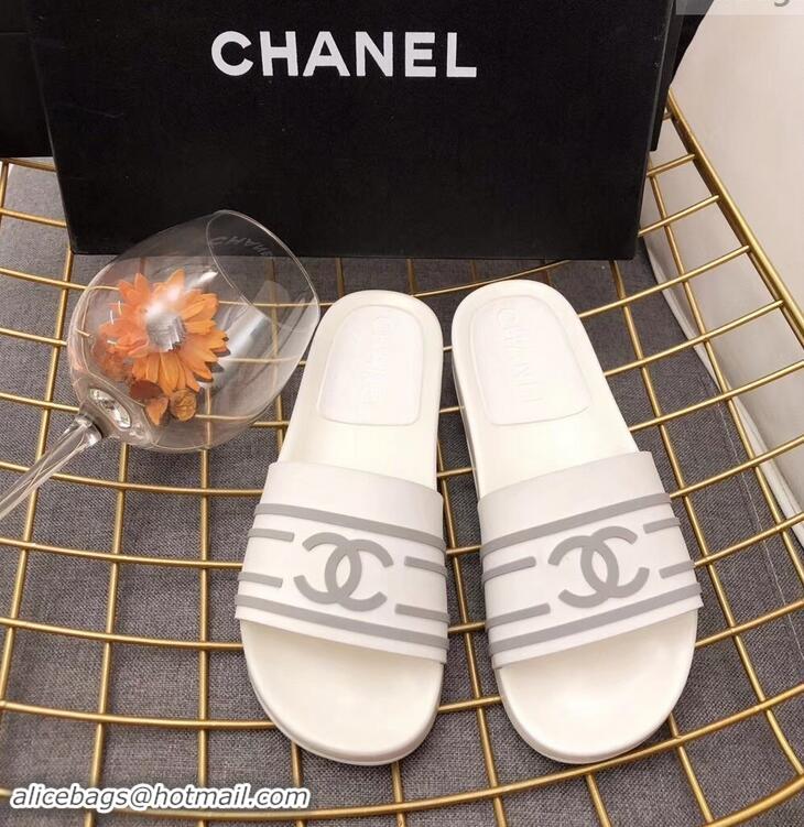 Classic Chanel Striped and CC Logo Mules Slides Slipper Sandals G41818 White 2019