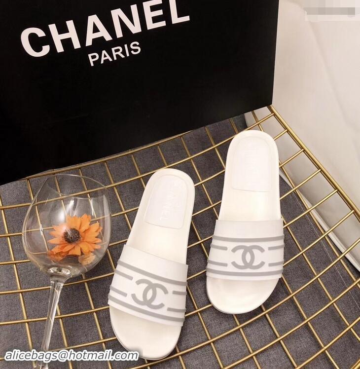 Classic Chanel Striped and CC Logo Mules Slides Slipper Sandals G41818 White 2019