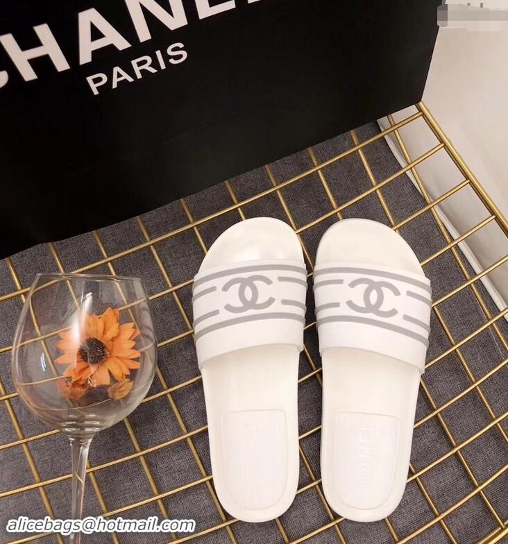 Classic Chanel Striped and CC Logo Mules Slides Slipper Sandals G41818 White 2019