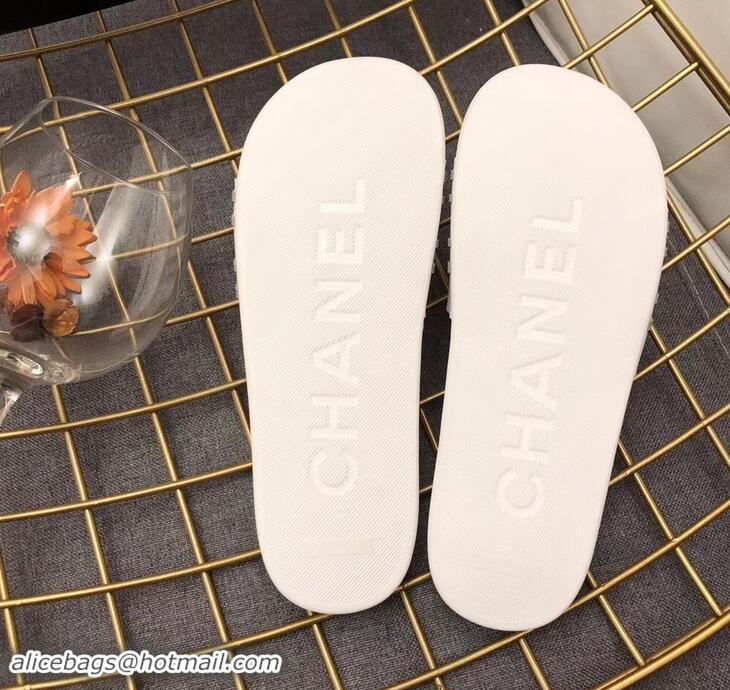 Classic Chanel Striped and CC Logo Mules Slides Slipper Sandals G41818 White 2019