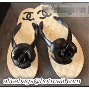 Lower Price Chanel CC Logo Camellia Thong Sandals G42330 Black 2019